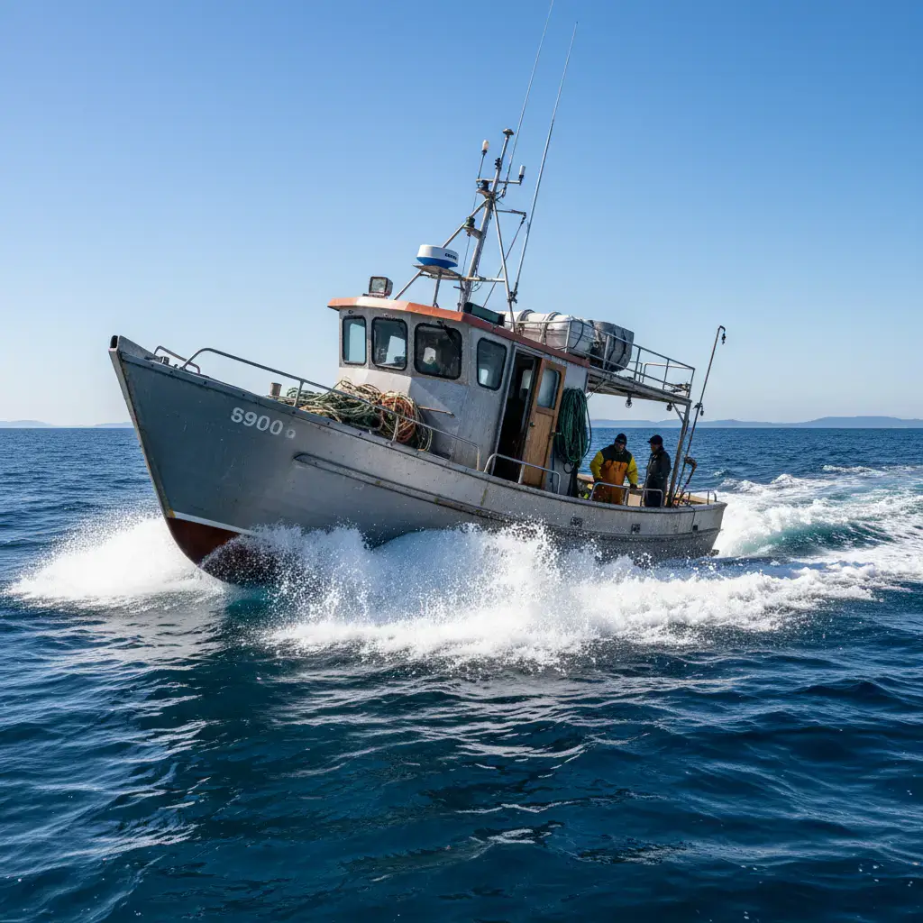 Barco de pesca no oceano azul